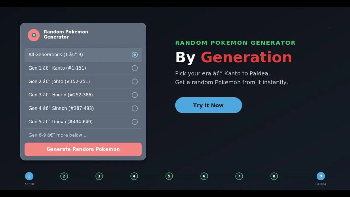 Random Pokemon Generator by Generation selector all generations Kanto to paldea